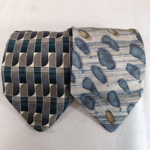 Bosa 2 Set 100% Italian Silk Men Neck Ties Geometric Pattern 90s Tan Brown Blue - Picture 1 of 6